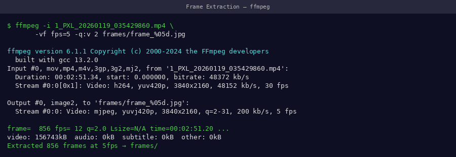 ffmpeg extraction command running in terminal with progress statistics