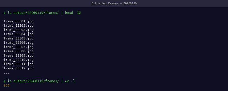 File browser showing extracted frames as JPEG thumbnails with sequential naming