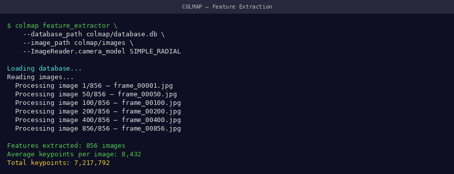 COLMAP feature extraction running in terminal — shows progress through all frames