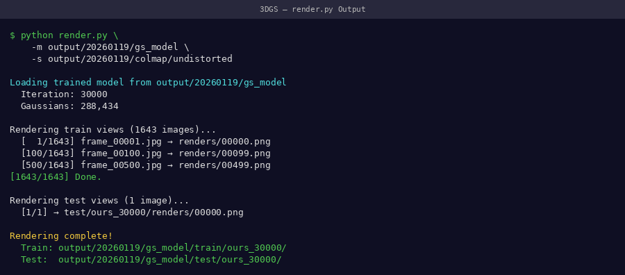render.py running in terminal showing view-by-view progress
